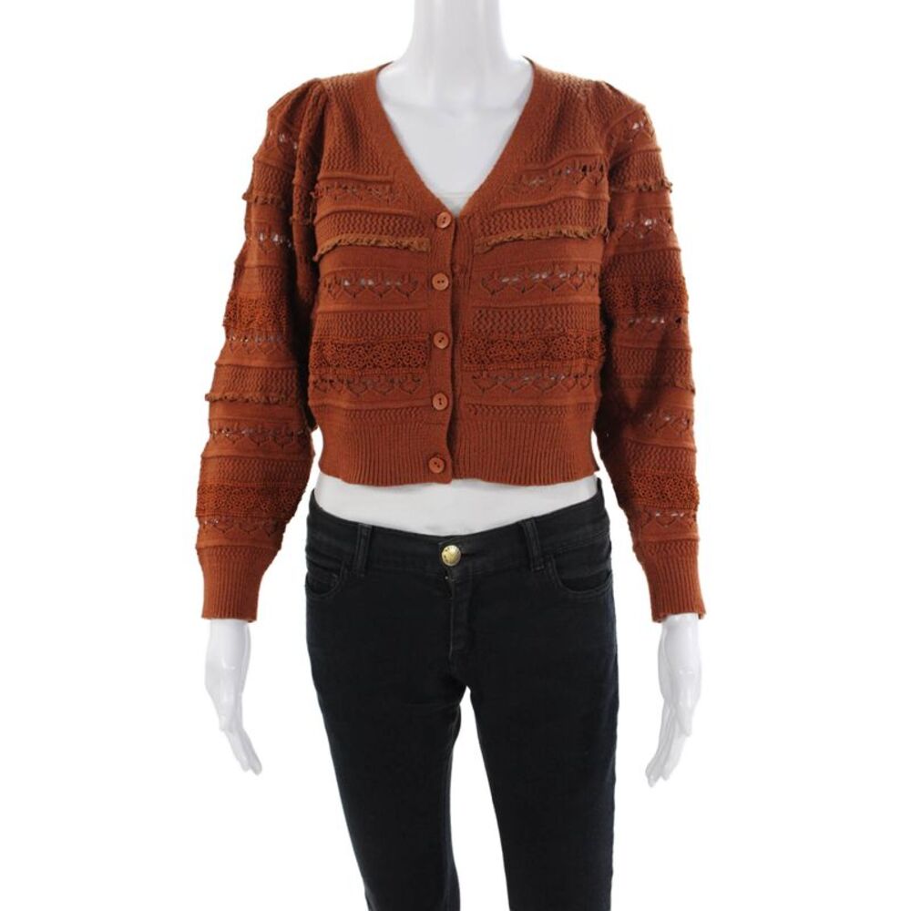 Allison Womens Lace Knitted Balloon Sleeve Cropped Cardigan Brown Size XS